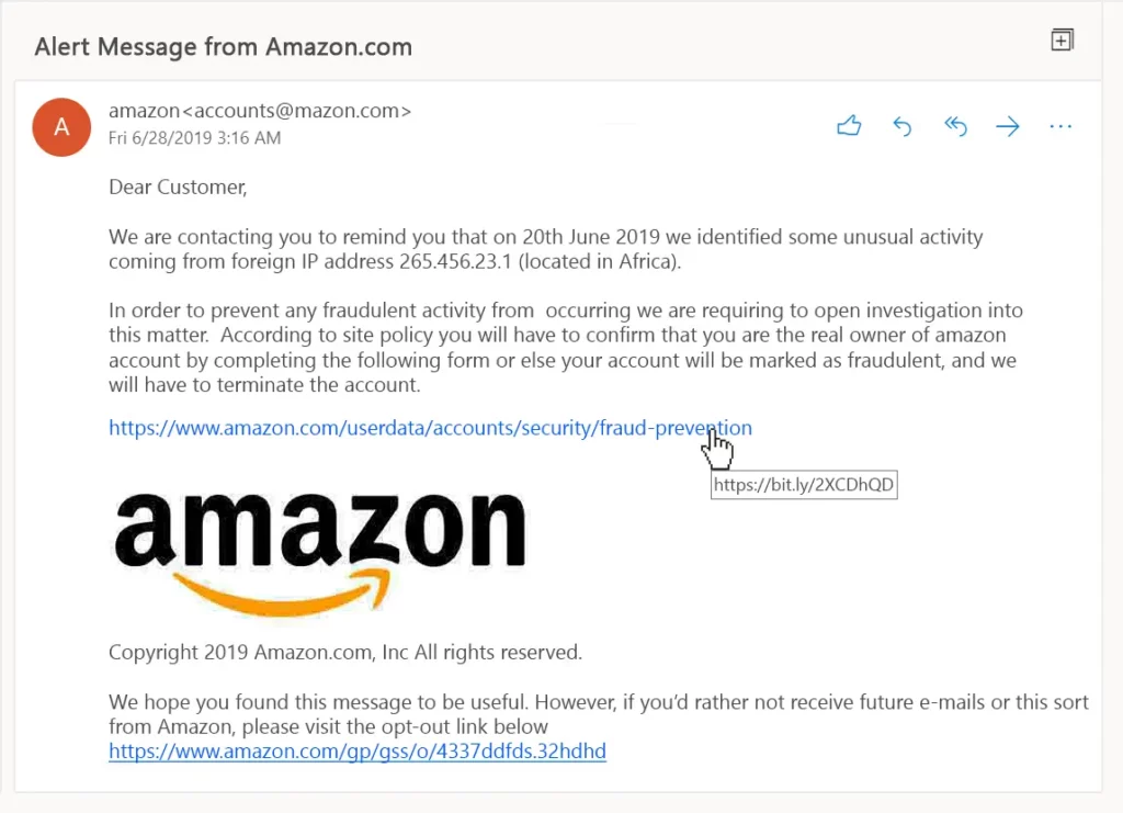 Example of Amazon Phishing Email