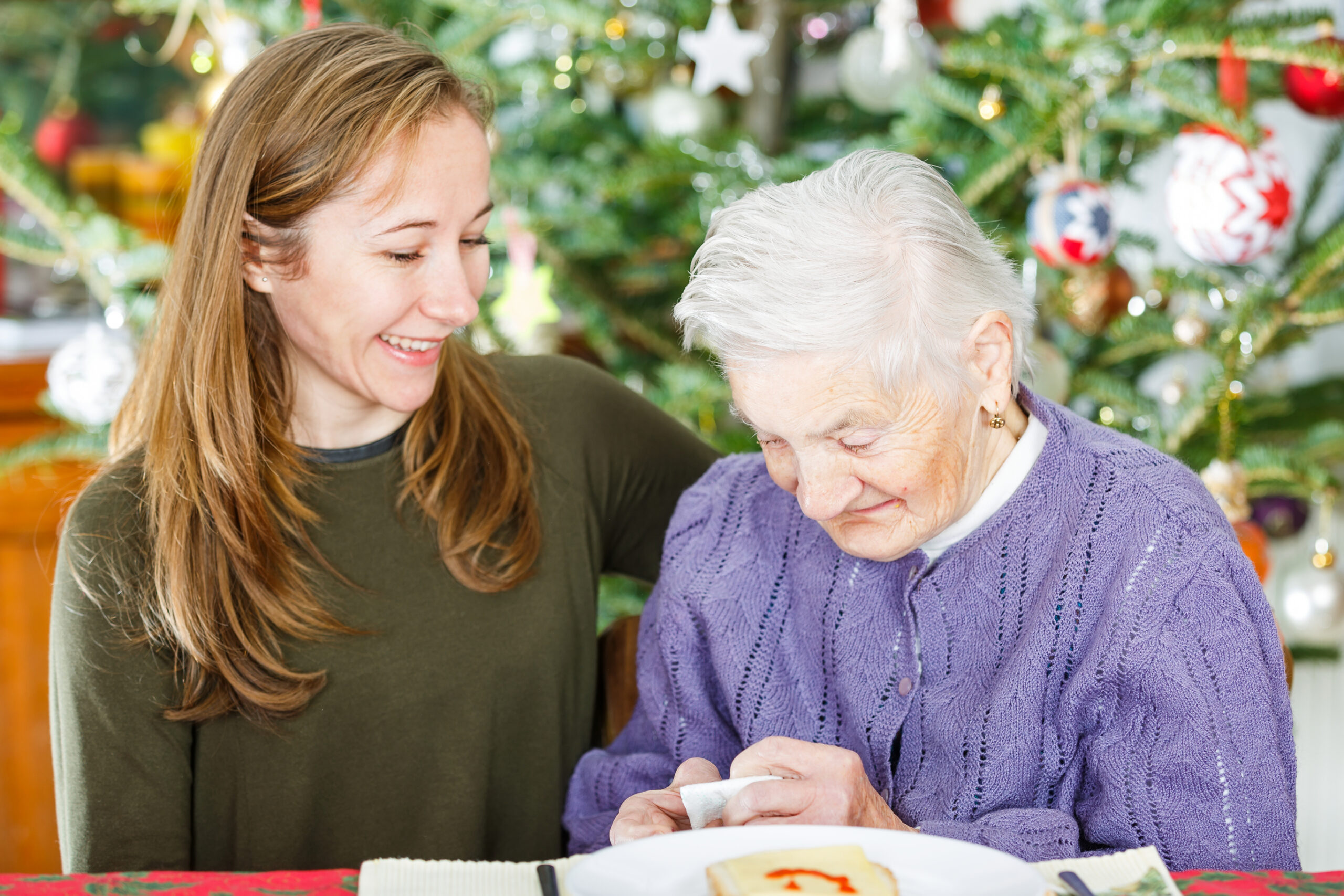 Volunteer with nursing home resident during the Christmas holiday season.
