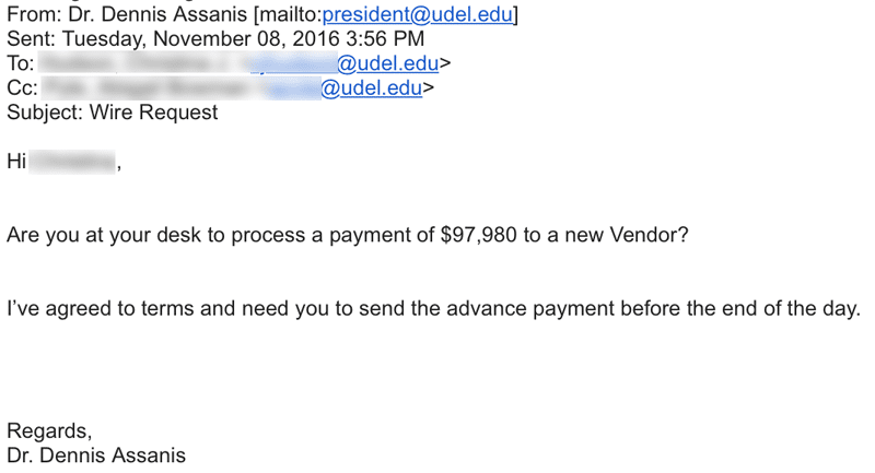 Whale Phishing email example showing a cybercriminal posing as a decision maker at a company is requesting a payment of $97,980 by the end of the day.